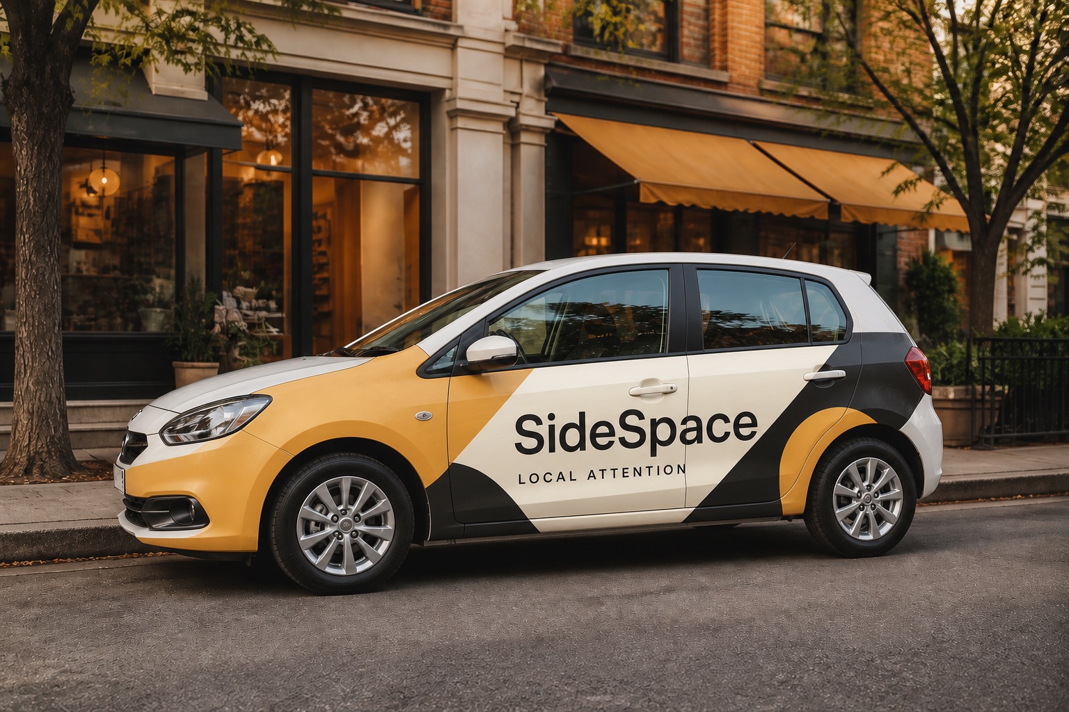 The same white car with a cream, amber, and charcoal SideSpace wrap